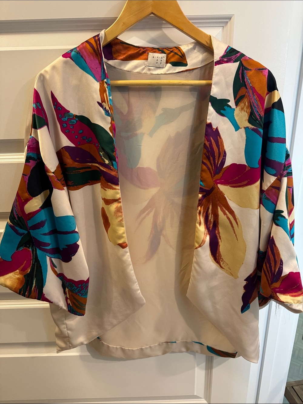 a new day Cream Floral Satin Kimono Jacket with Teal, Magenta & Gold Accents